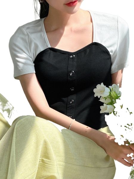 

dazy colorblock fake button sweetheart neck tee s0i3#, White