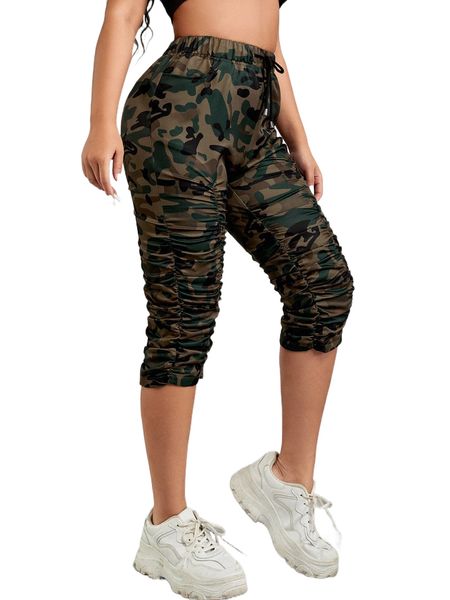 

sxy ruched drawstring capris camo pants y7iw#, Black;white
