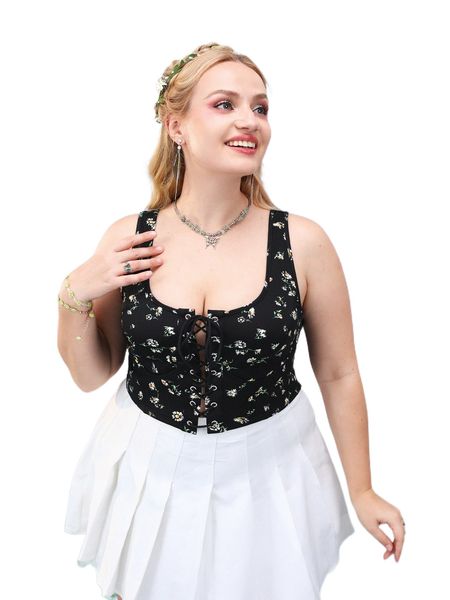 

plus daisy print grommet lace up tank f5bo#, Black