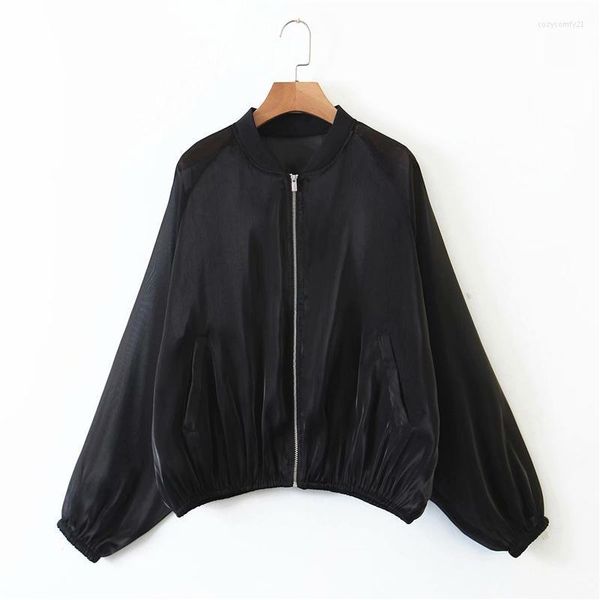 Giacche da donna Elegante giacca nera da donna 2022 Moda autunno Lady Organza Zipper Casual Female Flight Jecket Girls Chic Short