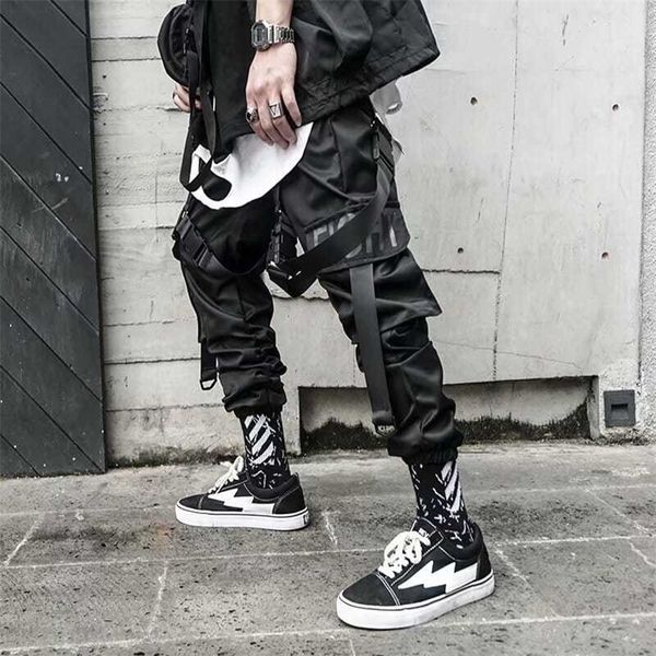 

houzhou cargo pants for men joggers hip hop techwear streetwear casual gothic trousers male summer black sweatpants ribbons 220325