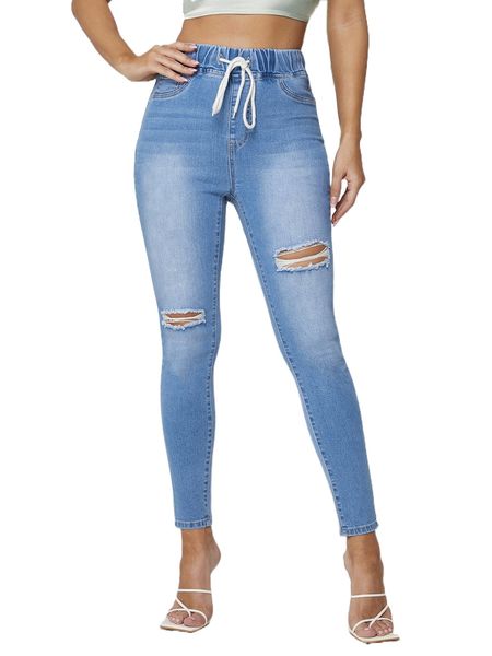 

drawstring waist ripped skinny jeans m8i6#, Blue