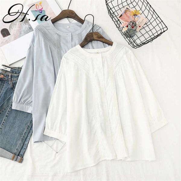 

hsa lantern sleeve solid whitel lace o-neck blouse women mesh blouse lace shirt casual 210716, White