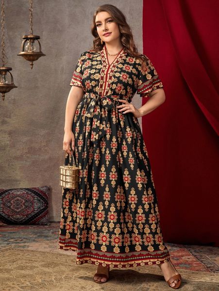 

plus random floral print butterfly sleeve belted maxi dress j71i#, Black