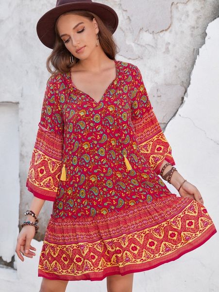 

rusttydustty paisley print ruffle hem smock dress d4di#, Black;gray