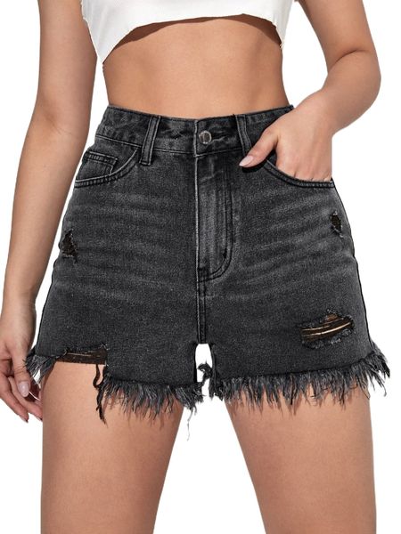 

high waist ripped frayed hem denim shorts q2m2#, White;black