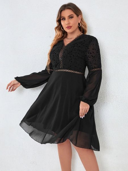 

plus contrast mesh lace insert lantern sleeve dress 44a5#, Black