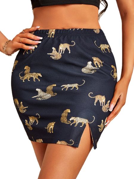

high waist leopard print split hem bodycon skirt d0lp#, Black