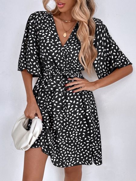 

allover print butterfly sleeve belted dress g0be#, Black;gray