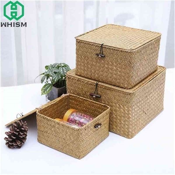 Eco Friendly Rattan Herese Box Lid Woven Box Box Wicker Makeup Organizer Food Candy Container Boxes для детских игрушек 210330