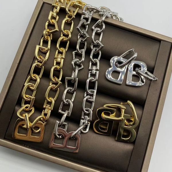 

fashion women thick chain choker necklace brand b letters pendant with logo shiny non-fading ladies rugged bracelet earring n012, Golden;silver