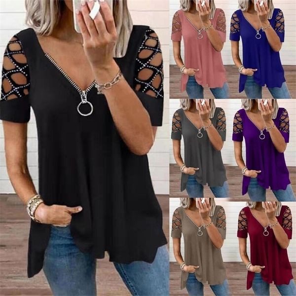 

summer women v neck solid color drilling casual loose hollow out zipper plus size short sleeve pullover tshirt 220408, White