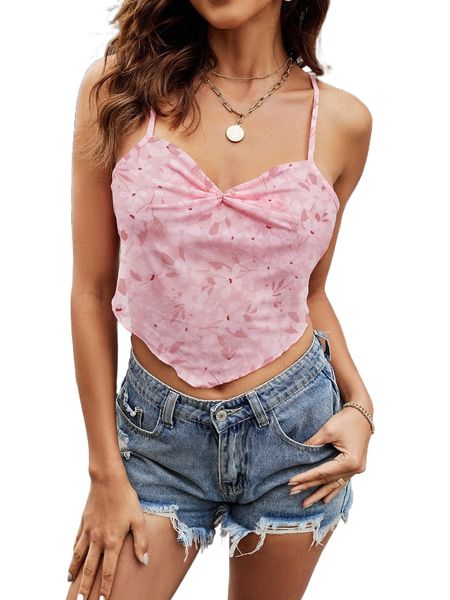 

floral print ruched bandana hem tie back crop cami 16x0#, White