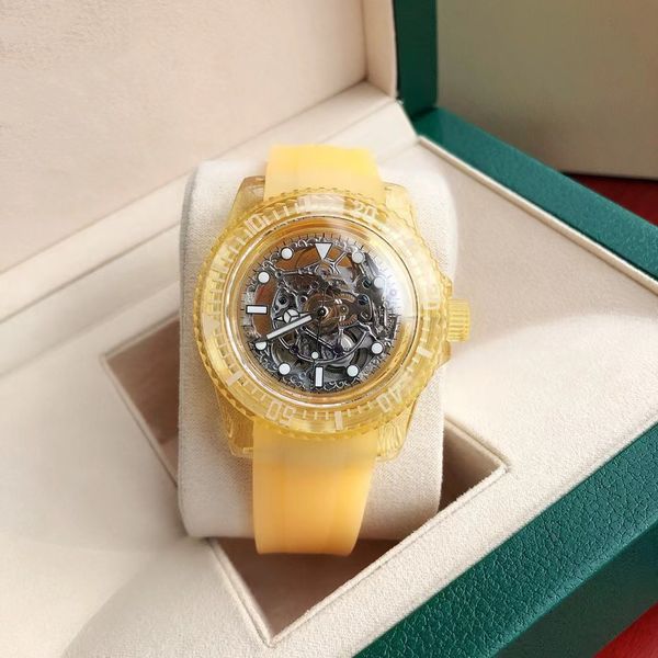 

crystal case men watches 40mm automatic movement watches white rubber band sapphire glass super waterproof, Slivery;brown