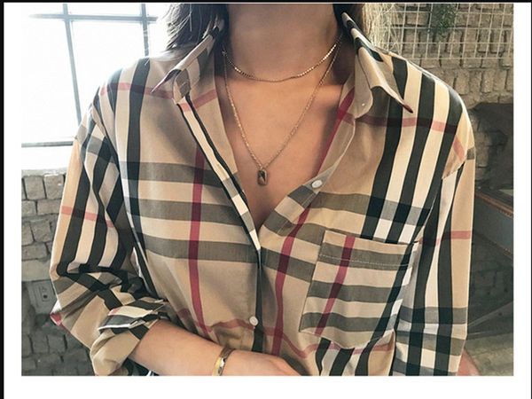 

designer blouse women clothing blouses shirts fashion classic summer new plaid t-shirt lapel neck pocket casual long sleeve womens designer, White