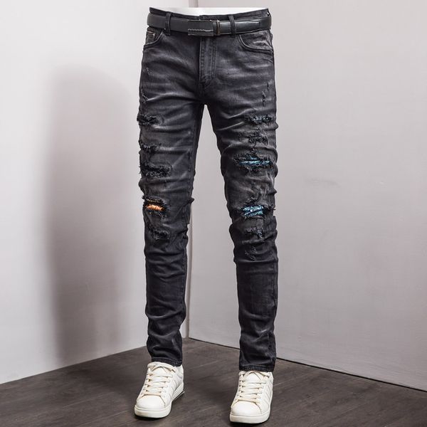 

men broken track jeans plus size 38 ribbed panels stretch distressed fading denim male street designer, Blue