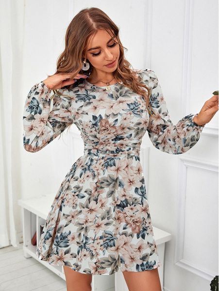 

floral print puff sleeve ruched waist dress 03zm#, Black;gray