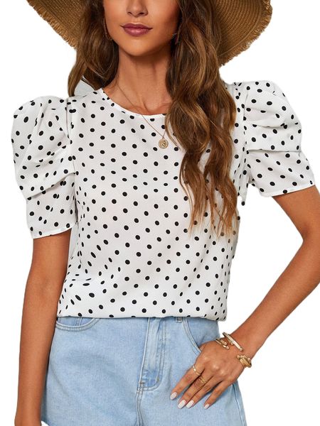 

polka dot print puff sleeve blouse r3pj#, White