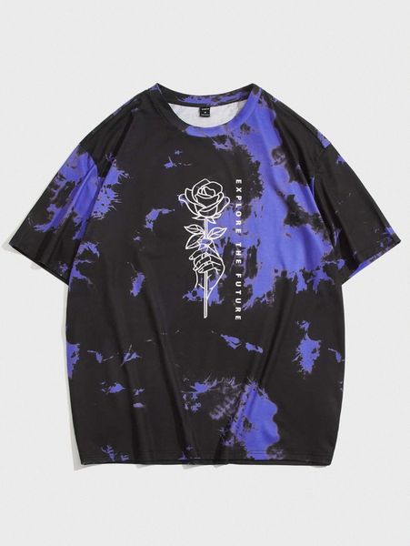 

men tie dye rose flower print tee u3ce#, White;black