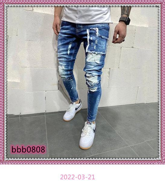 

eu/us size mens jeans ripped and slim-fit jeans casual fashion style biker with hole, Blue