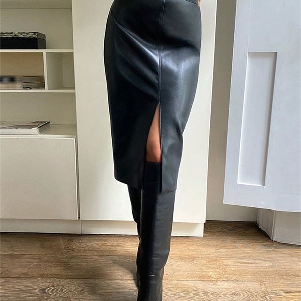 Mulheres Faux Leather Slit Lápis Escritório Saia Outono Primavera Streetwear Alto Cintura Preto Marrom Sexy Bodycon Midi Saias 220317