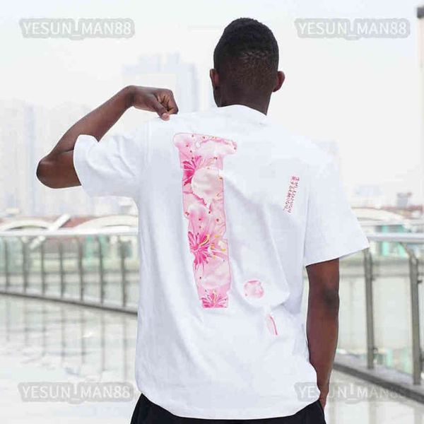 

designer luxury 2022 spring summer vlones sakura large v cherry print hip hop fashion short sleeves t shirt for lovers, White;black