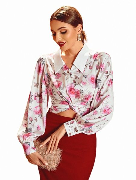 

modely floral print contrast collar lantern sleeve shirt w4ca#, White