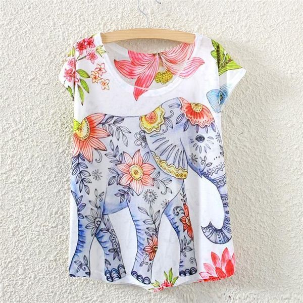 Женская футболка 2022 летние женские тройники Цветочные слоны Печать футболки Европейская и американская печать маленькая летучая мышь с короткими рукавами