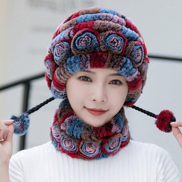 Beanie/Totenkopfkappen Winter Frauen Blumen gestreift natürliche echte Rex Pelzmützen Schal Dame warm stricken russische Outdoor-Pros22