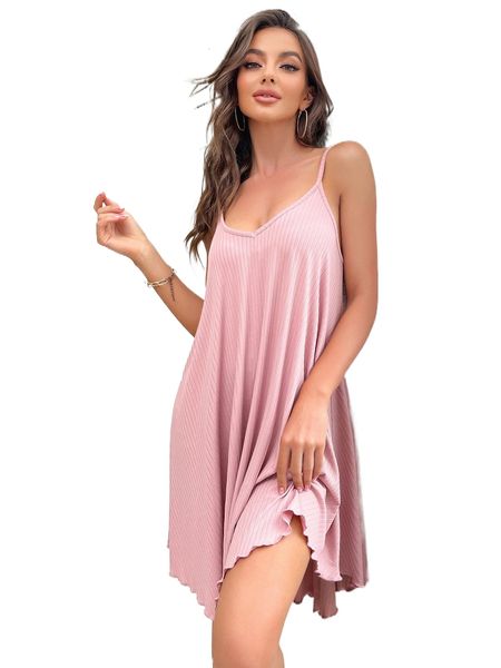 

crisscross backless lettuce trim nightdress 712x#, Black;red
