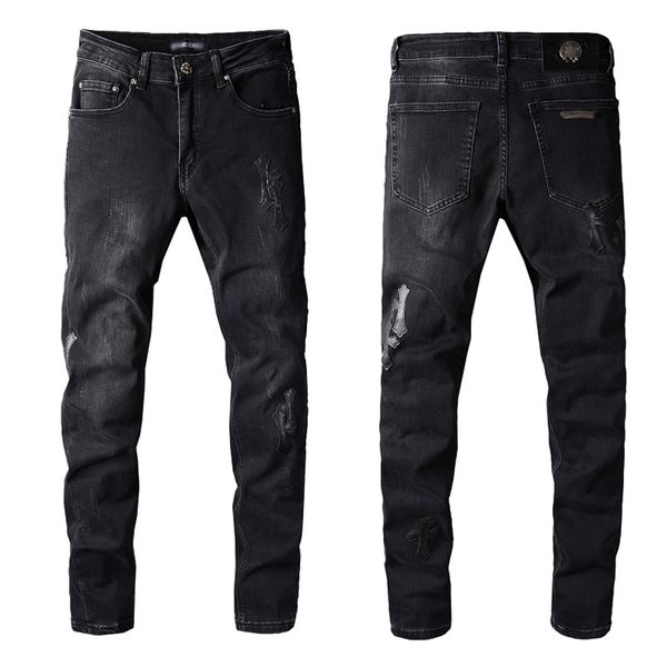 

mens cool rips stretch designer jeans distressed ripped biker slim fit washed motorcycle denim men s hip hop jean fashion man pants 22ss siz, Blue