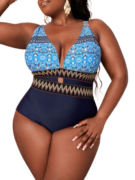 

plus geo print cut out plunge neck one piece swimsuit d0ib#, White;black