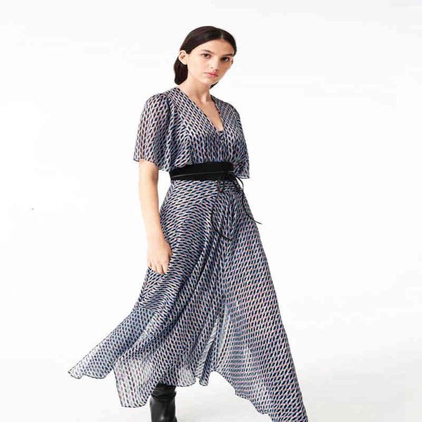 

france's  family spring and summer printed long skirt with irregular ruffle waist two-piece dress, Black;gray