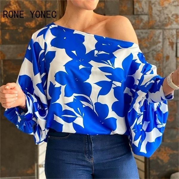 

women casual graphic one cold shoulder puff sleeves blouse 220419, White