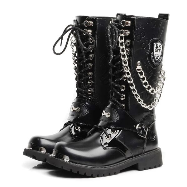 

motocycle boots size 37-46 men shoes army boot high-military combat boots metal chain male moto punk, Black