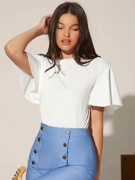 

butterfly sleeve round neck tee n8tf#, White
