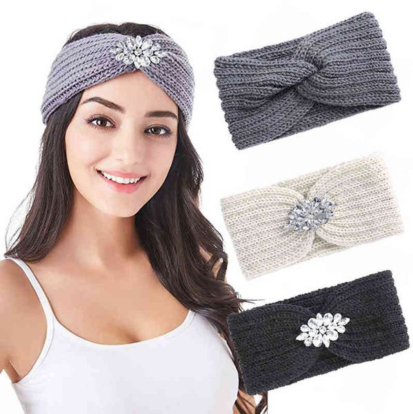 AWAYTR Strass lavorato a maglia nodo croce fascia per le donne Headwraps Autunno Inverno Ragazze Turbante Fasce elastiche per capelli Accessori per capelli AA220323