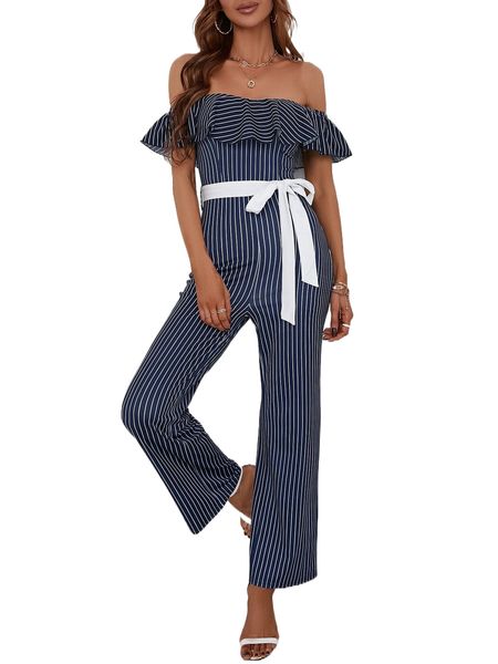 

striped off shoulder ruffle trim belted jumpsuit j2qx#, Black;white