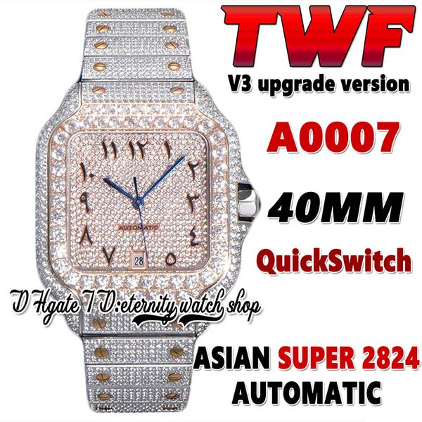 

twf v3 sa0009 paved diamonds eta a2824 automatic mens watch fully iced out diamond arabic rose gold dial quick switch steel bracelet super e, Slivery;brown