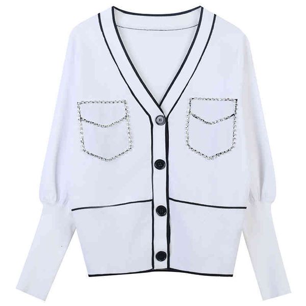 

women's sweaters french small sweater 2022 spring and autumn diamond inlaid temperament v-neck knitted cardigan women's sunscreen, White;black