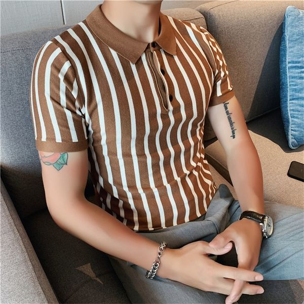 Sommer Dünne Kurzarm Vertikale Streifen Gestrickte Polo Shirt Männer Kleidung Drehen Unten Kragen Slim Fit Casual Tees Homme 220504