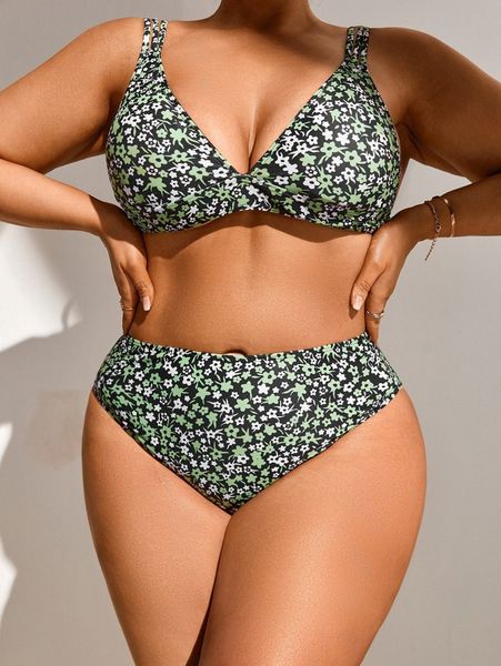 

plus ditsy floral print bikini swimsuit w0ci#, White;black