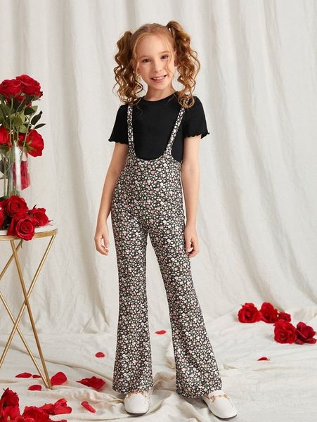 

girls lettuce trim tee & ditsy floral jumpsuit set she, White