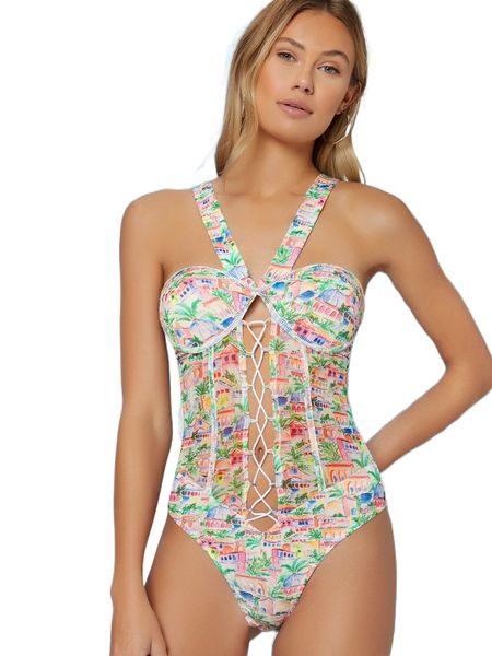 

x ji yeon lee allover print lace up front slip bodysuit 45zl#, White