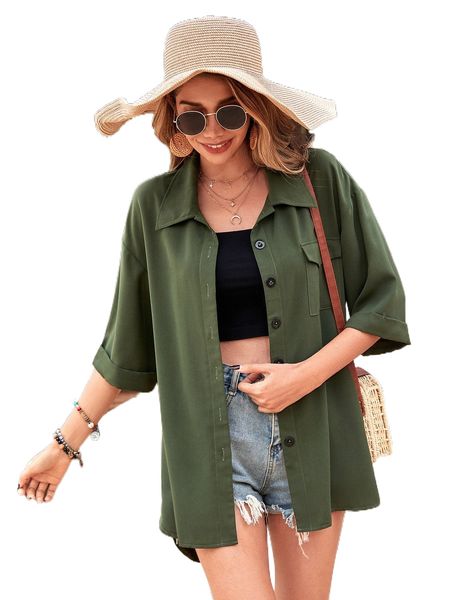 

flap pocket drop shoulder solid oversized blouse 82so#, White