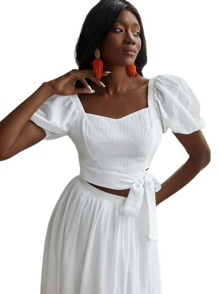 

puff sleeve sweetheart neck shirred back tie hem blouse t7f8#, White