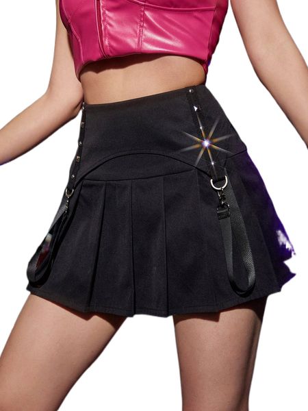 

studded detail key holder ribbon pleated skirt p63i#, Black