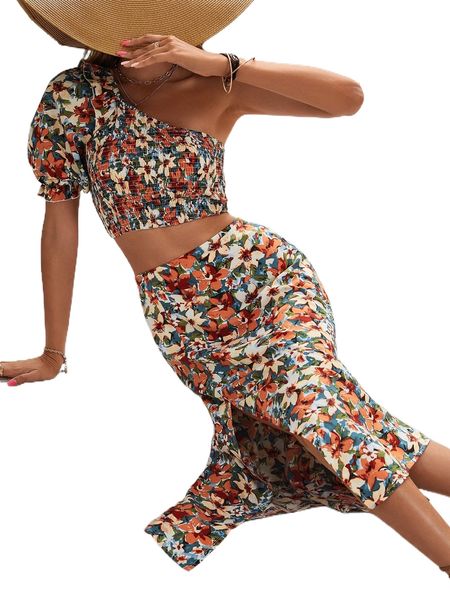 

allover floral print one shoulder shirred crop & split thigh skirt e9dz#, White