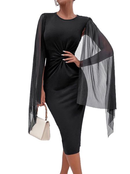 

contrast mesh split sleeve twist bodycon dress o6gf#, Black;gray