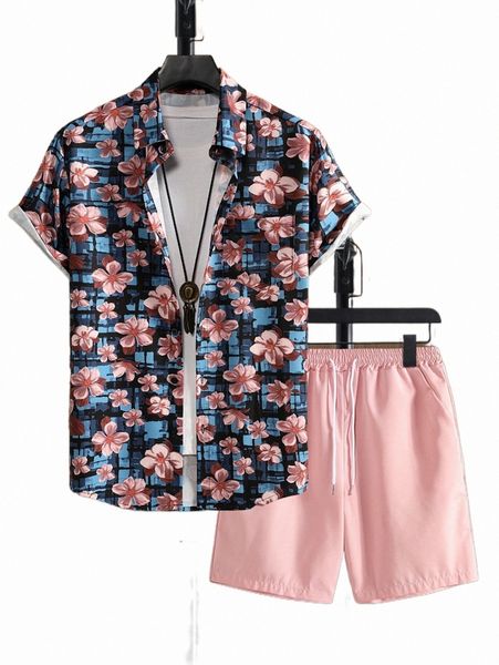 

men floral print shirt & shorts without tee x3n6#, Gray
